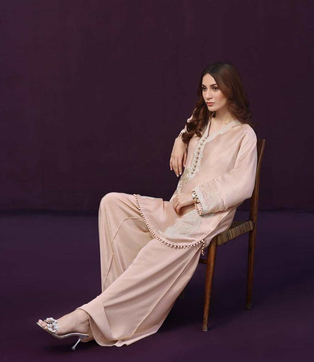 ivory Embroidered nude colour Silk Farshishalwar Set: Pakistani Plazo Suit, Wedding Party Eid Outfit, uk eid parties