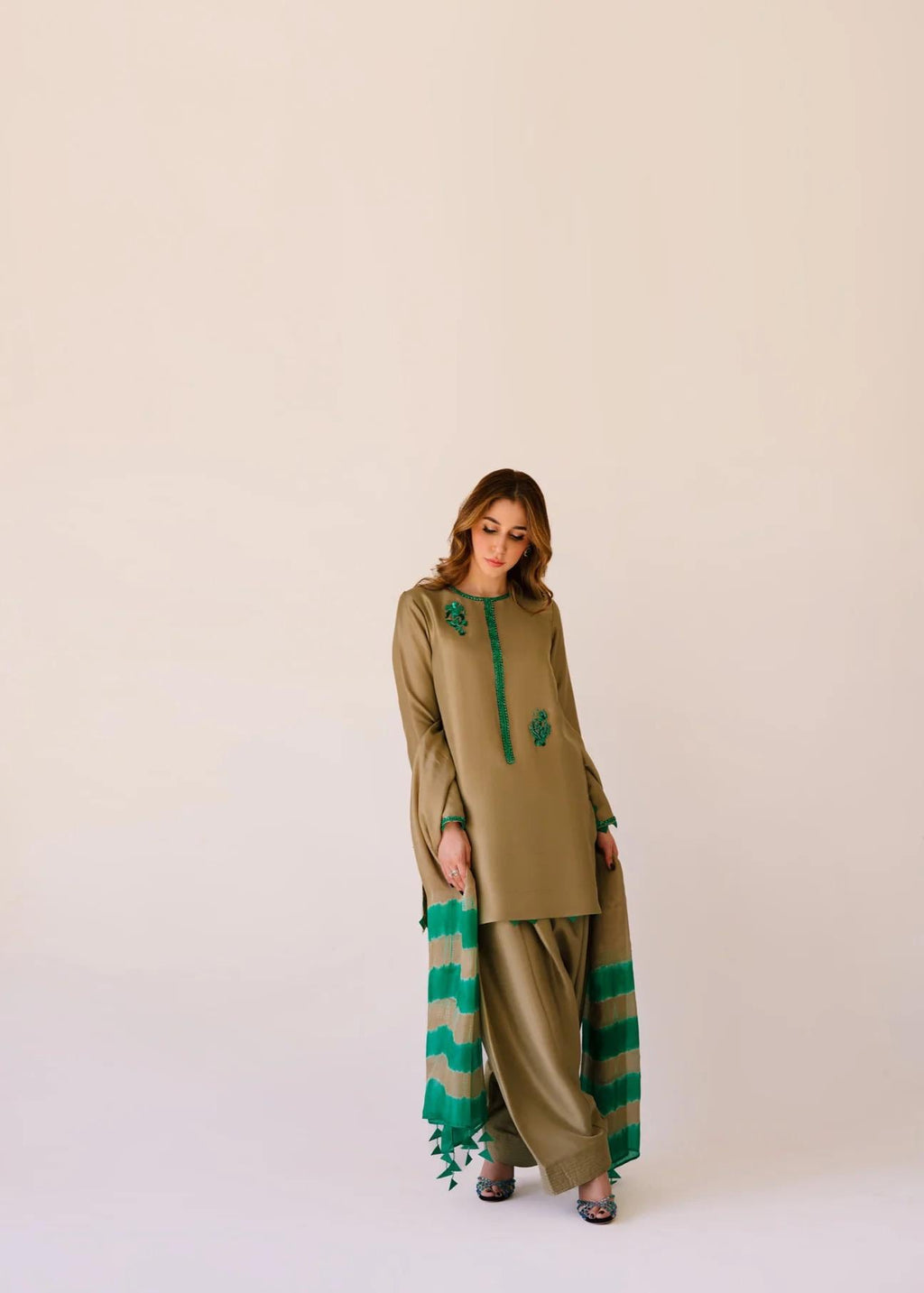 Dip n Dye Silk Farshi Suit: beige shalwar kameez with Emerald Green Embroidered Chiffon Dupatta best for UK USA lovers