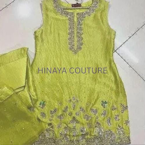 Lime Green Silk Farshi Shalwar Suit: Silver handcrafted Embroidery, Rhinestone Detail pakistani desi attire