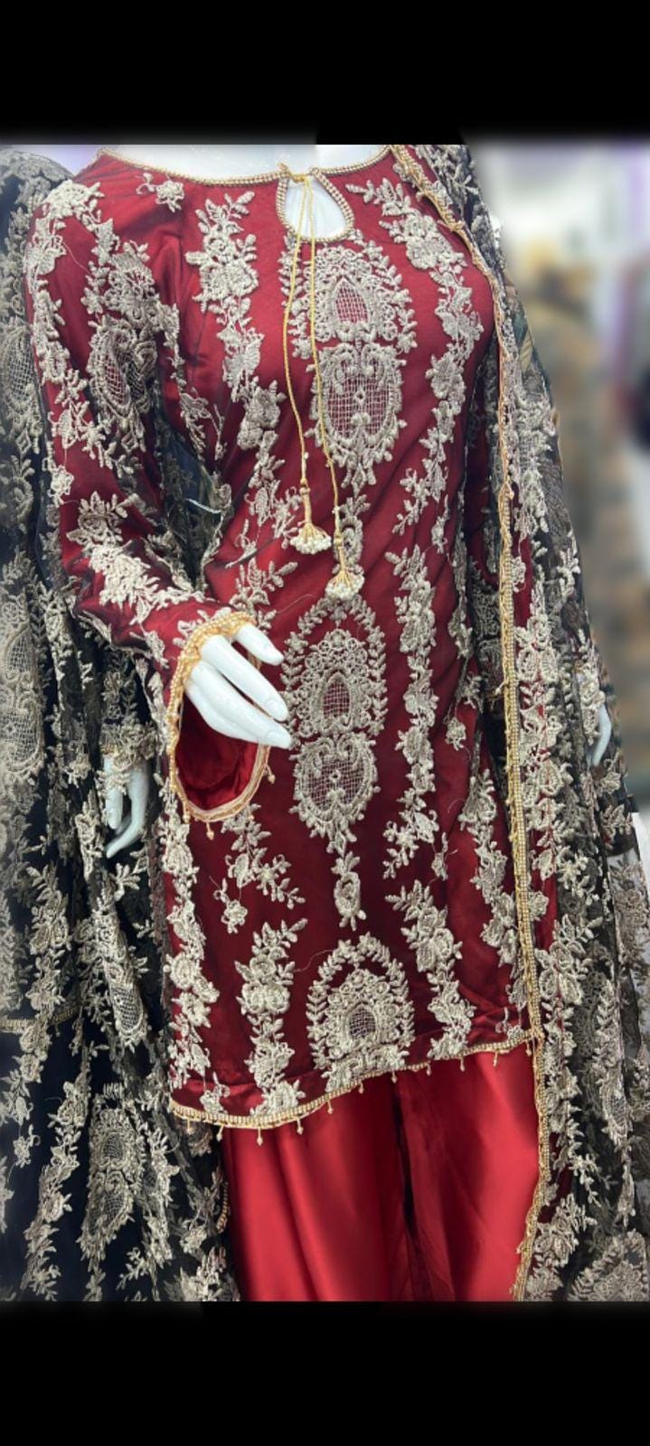 pakistani party wear shadi/wedding/nikah 3 piece plazo-garara-farshi shalwar lehenga garara embroidered suit