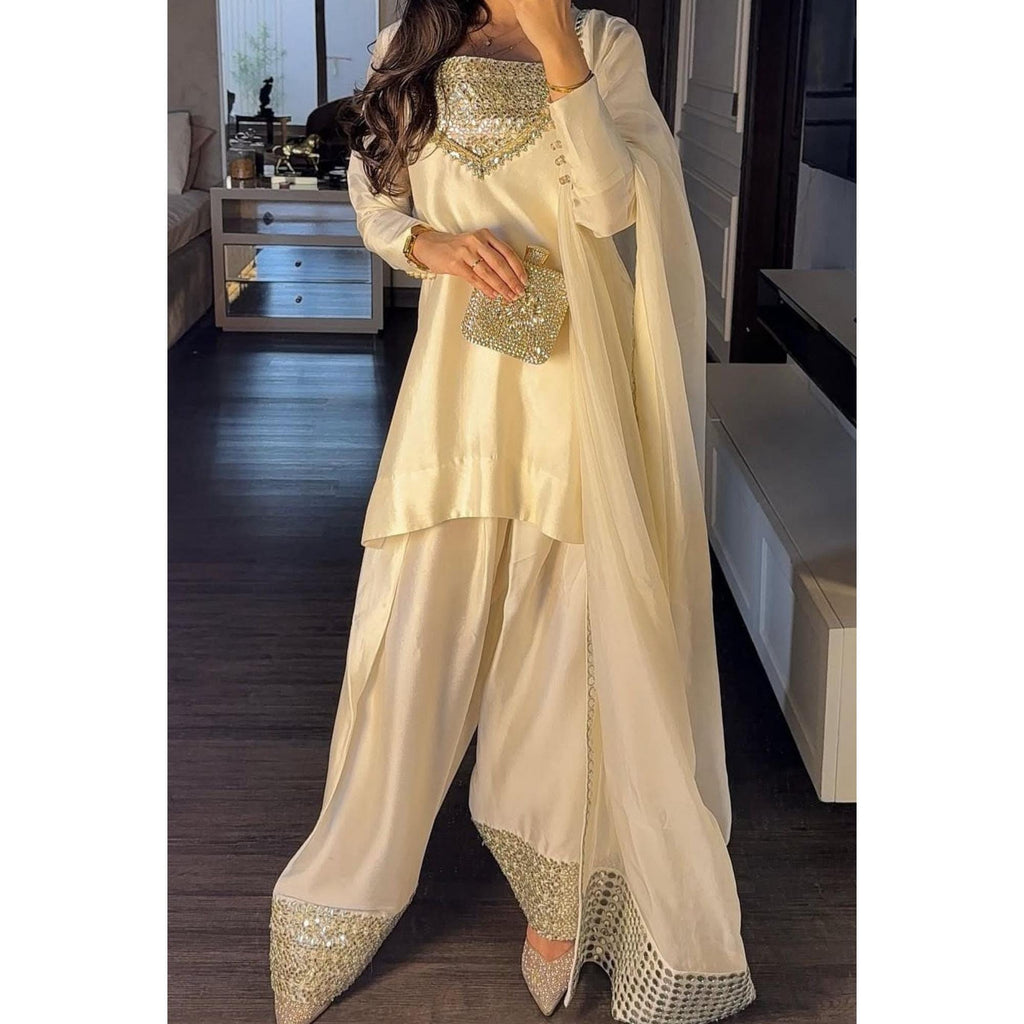 Pakistani indian Luxury FARSHI shalwar Mirror Work Dress in Shisha Silk – Ivory/White Eid & Wedding Ensemble,viral trending with laces