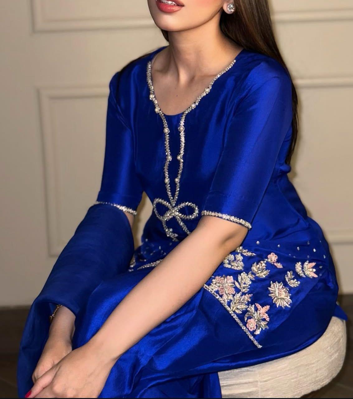 Pakistani Royal-electric Blue Handcrafted Silk Ensemble with Bow Neckline & eid Farshi Shalwar desi asian attire foruk usa europe people