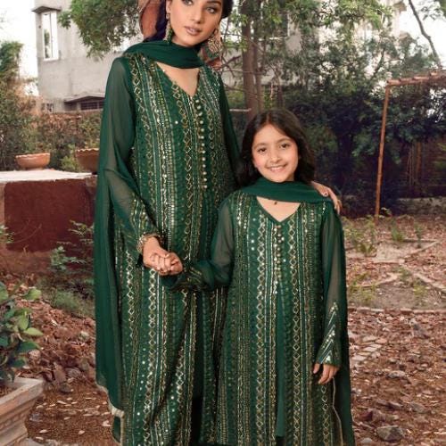 Elegant Embroidered Chiffon Mom & Daughter viral trending pakistani sequins Outfit.