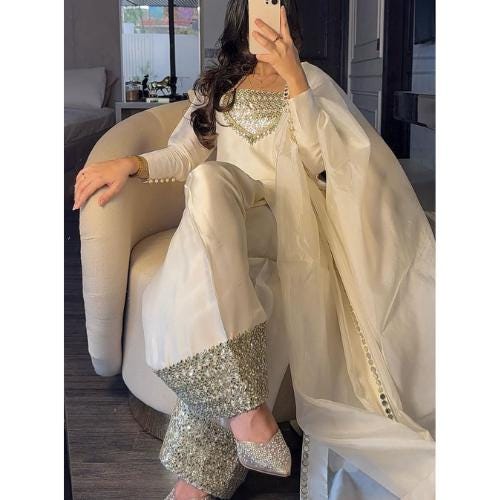 Pakistani indian Luxury FARSHI shalwar Mirror Work Dress in Shisha Silk – Ivory/White Eid & Wedding Ensemble,viral trending with laces