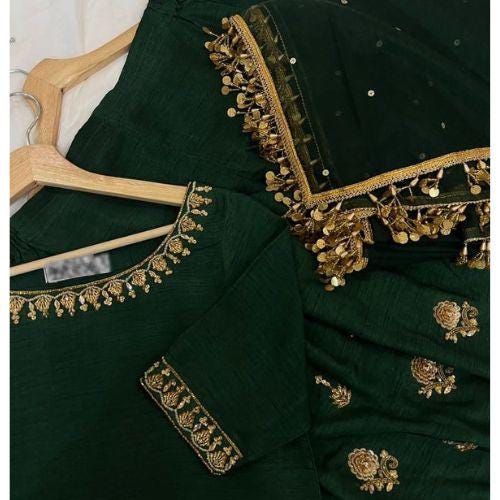 Embroidered Silk Farshi Shalwar Kameez with laces n nice tassels Bottle Green Pakistani Outfit,UK fashion-desi attire,usa parties