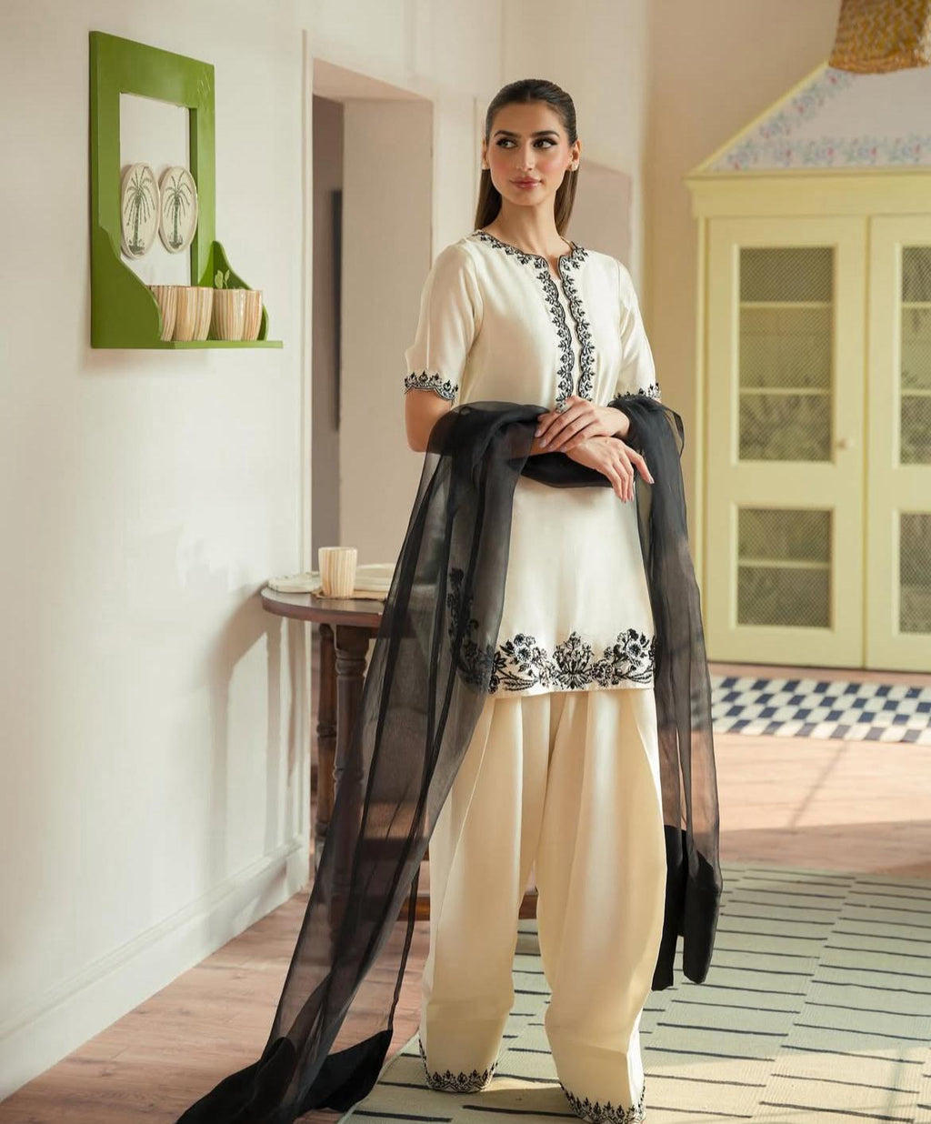 Black & White premiumi silk Farshi Shalwar Suit: Pakistani Inspired 3-Piece Ensemble