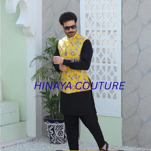 Jet Black men pakistani n indian Shalwar Kurta with Black & Yellow Embroidered Waistcoat