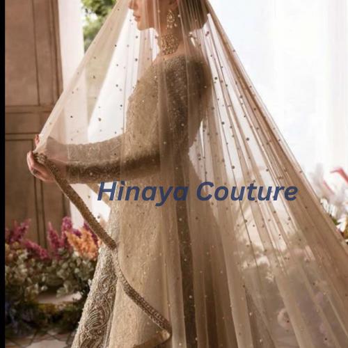 Exquisite Asian Bridal Dupatta / Veil, with scallop lace, aari,sequins,pearls work. Delicately handcrafted to perfection long trail