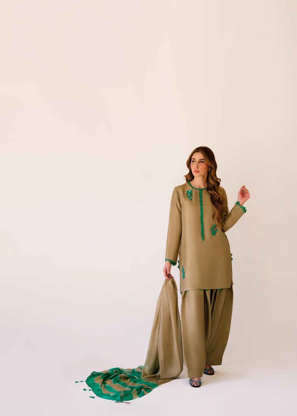 Dip n Dye Silk Farshi Suit: beige shalwar kameez with Emerald Green Embroidered Chiffon Dupatta best for UK USA lovers