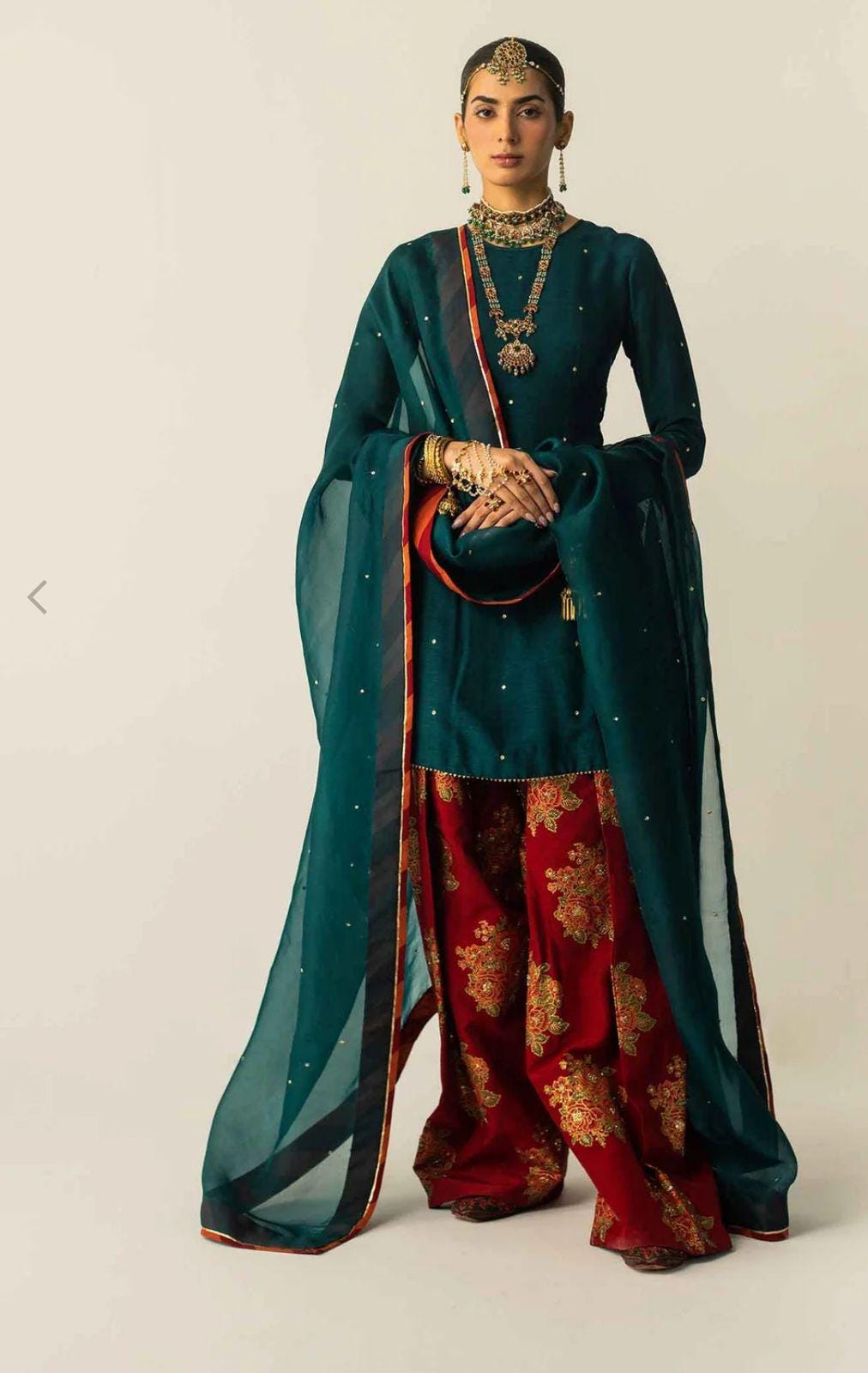 Pakistani Luxury 3-Piece Formal Wear | celebrity Inspired FARSHI Shalwar Set, stunning bloodred and emerald green classy eid n party wear