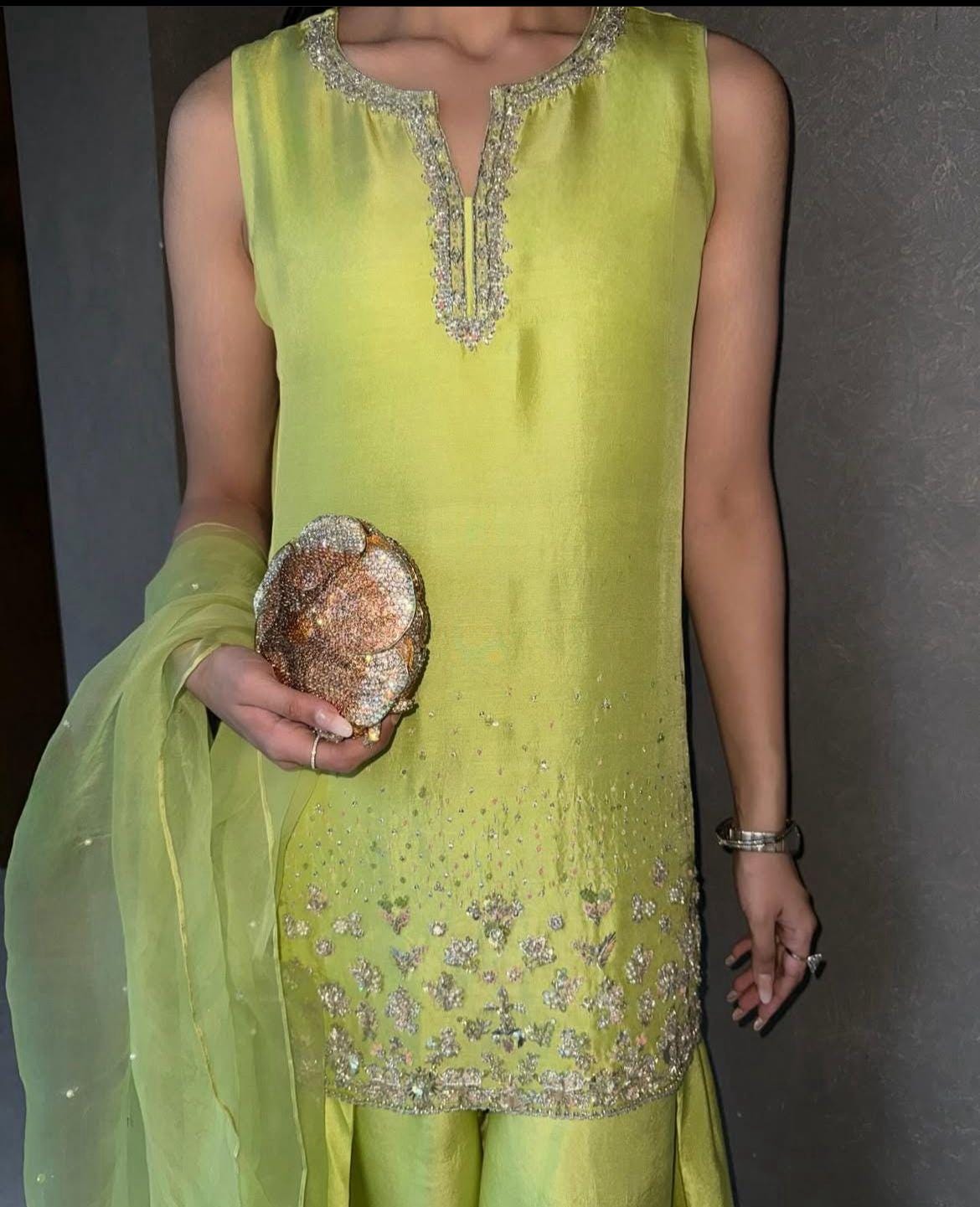Lime Green Silk Farshi Shalwar Suit: Silver handcrafted Embroidery, Rhinestone Detail pakistani desi attire