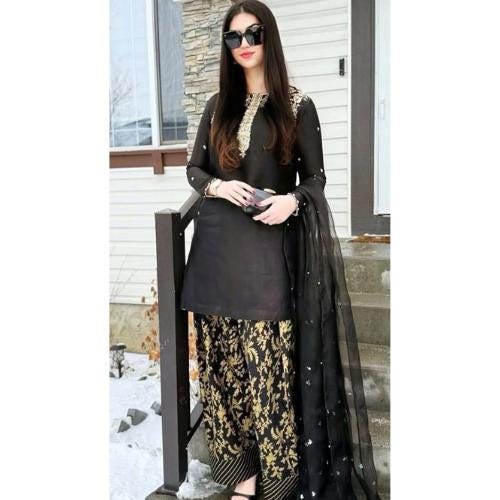 Handmade Farshi Pakistani Outfit: jet black Banarsi Shalwar, Sequins Organza Dupatta stunning festive collection for uk lovers,indian attire