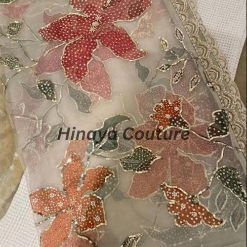 Hand-Painted Organza Dupatta: Zardozi Embellished Pakistani Party Wear-Handcrafted with zardozi,naqshi,beads,cutdana,pearls and rhinestones