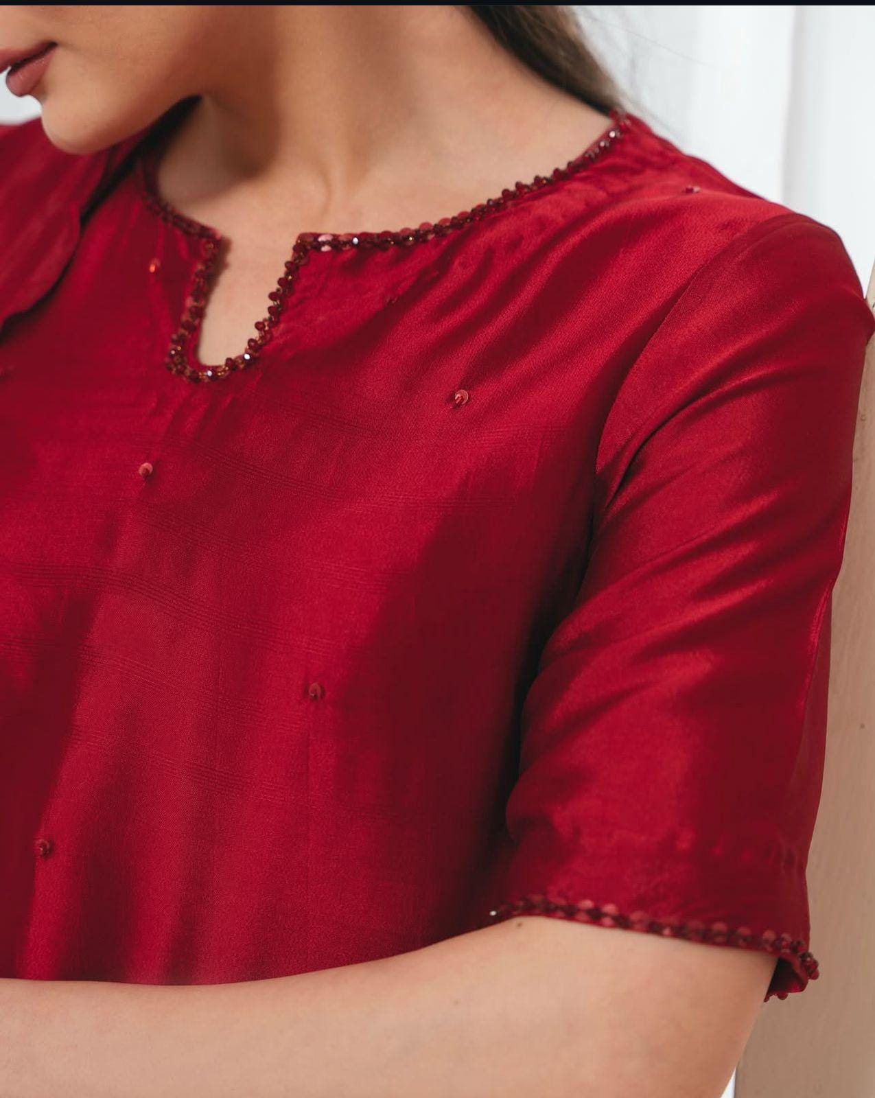 Cherry Red sheesha silk pakistani Eid Farshi Shalwar 3-Piece Outfit for UK,USA,Canada,Norway,Europe,Germany desi attire with silk dupatta