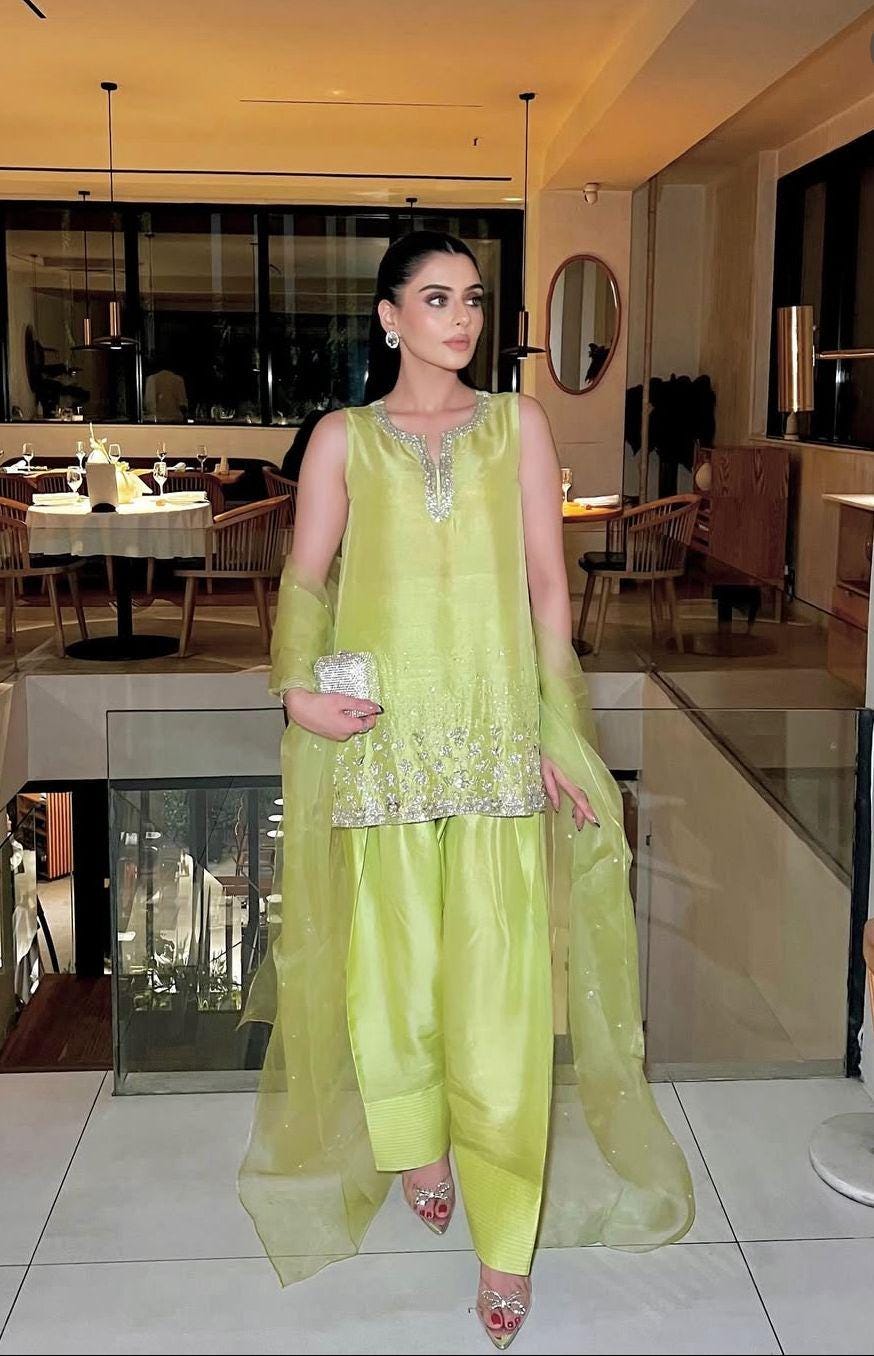 Lime Green Silk Farshi Shalwar Suit: Silver handcrafted Embroidery, Rhinestone Detail pakistani desi attire