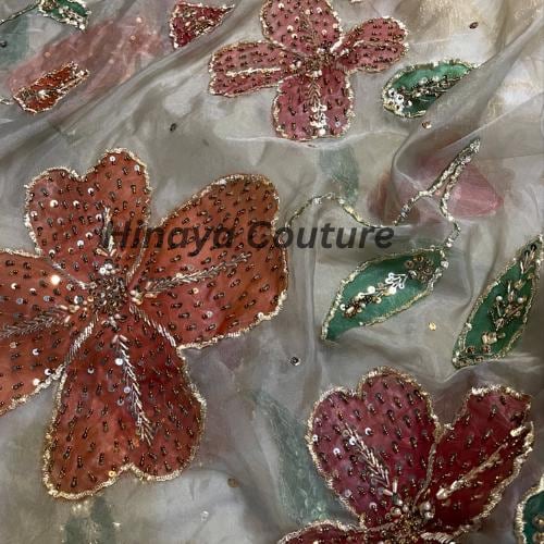 Hand-Painted Organza Dupatta: Zardozi Embellished Pakistani Party Wear-Handcrafted with zardozi,naqshi,beads,cutdana,pearls and rhinestones
