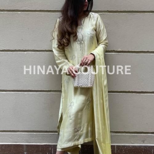 butter Yellow Bow Silk Pakistani 3-Piece Outfit: Rhinestone Detail Farshi short shirt,Eid party wear ethnic style desi indian attire