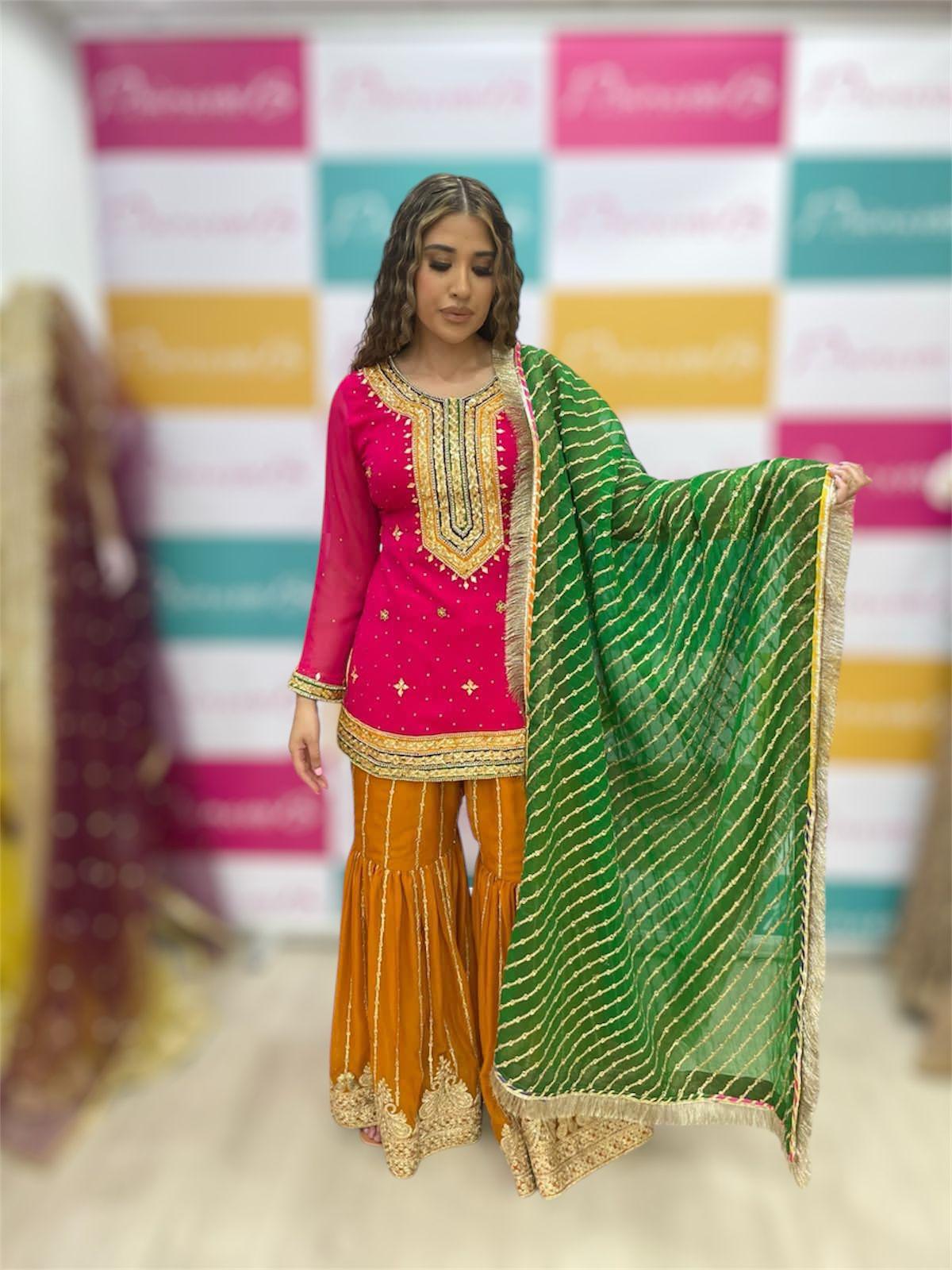 Mehndi Dholki Gharara Outfit – Traditional Gota Work with Vibrant Colors pakistani uk desi family lovers punjabi indian