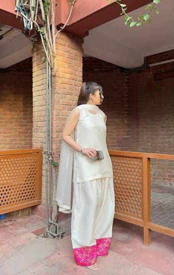 Two-Piece pakistani indian punjabi Farshi Shalwar in korean Raw Silk with Banarasi Jamawar Patch & Organza Dupatta