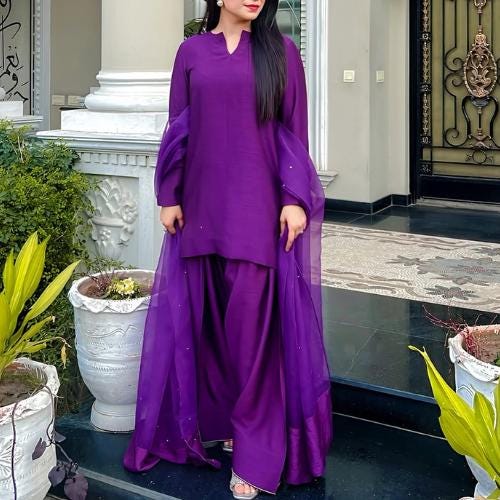 Elegant FARSHI Shalwar with Short Shirt & Organza Scalloped Dupatta,Eid Party Wear-Pakistani Formal Dress