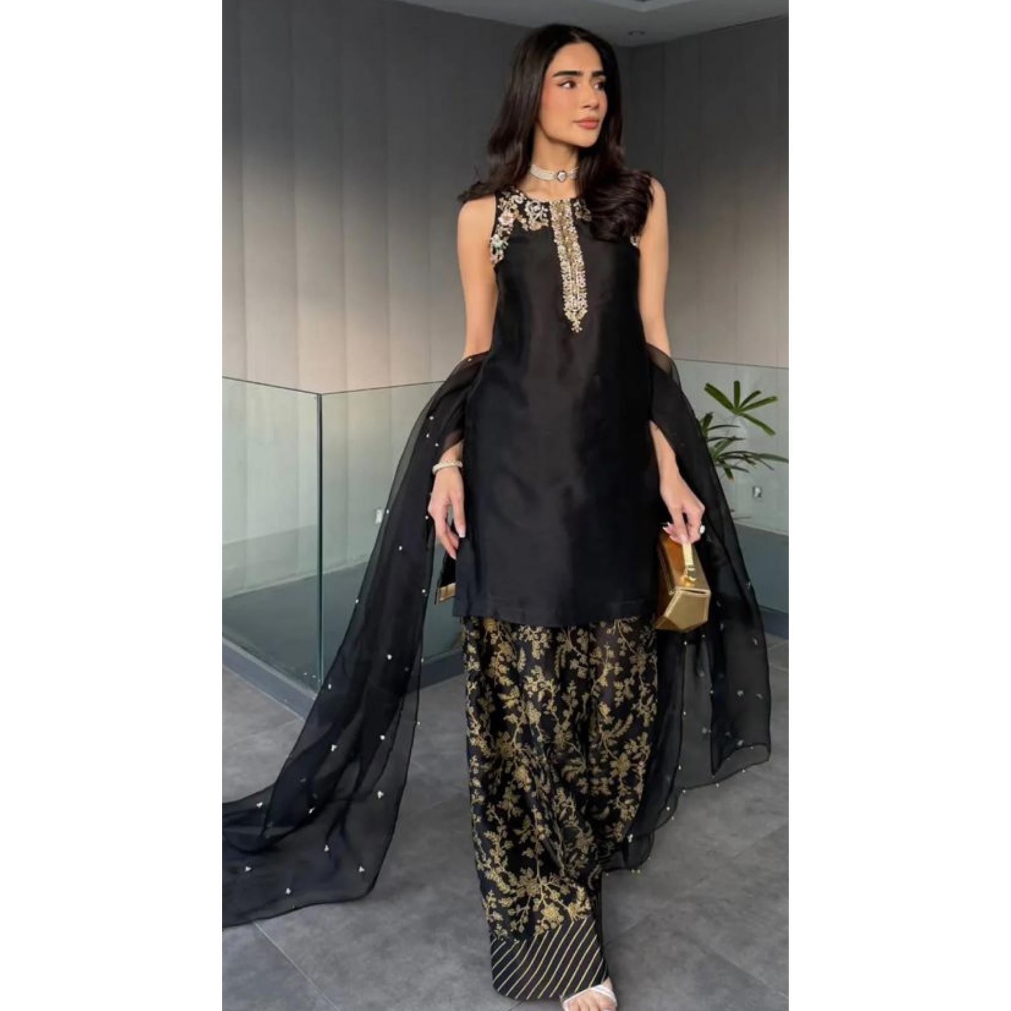 Handmade Farshi Pakistani Outfit: jet black Banarsi Shalwar, Sequins Organza Dupatta stunning festive collection for uk lovers,indian attire