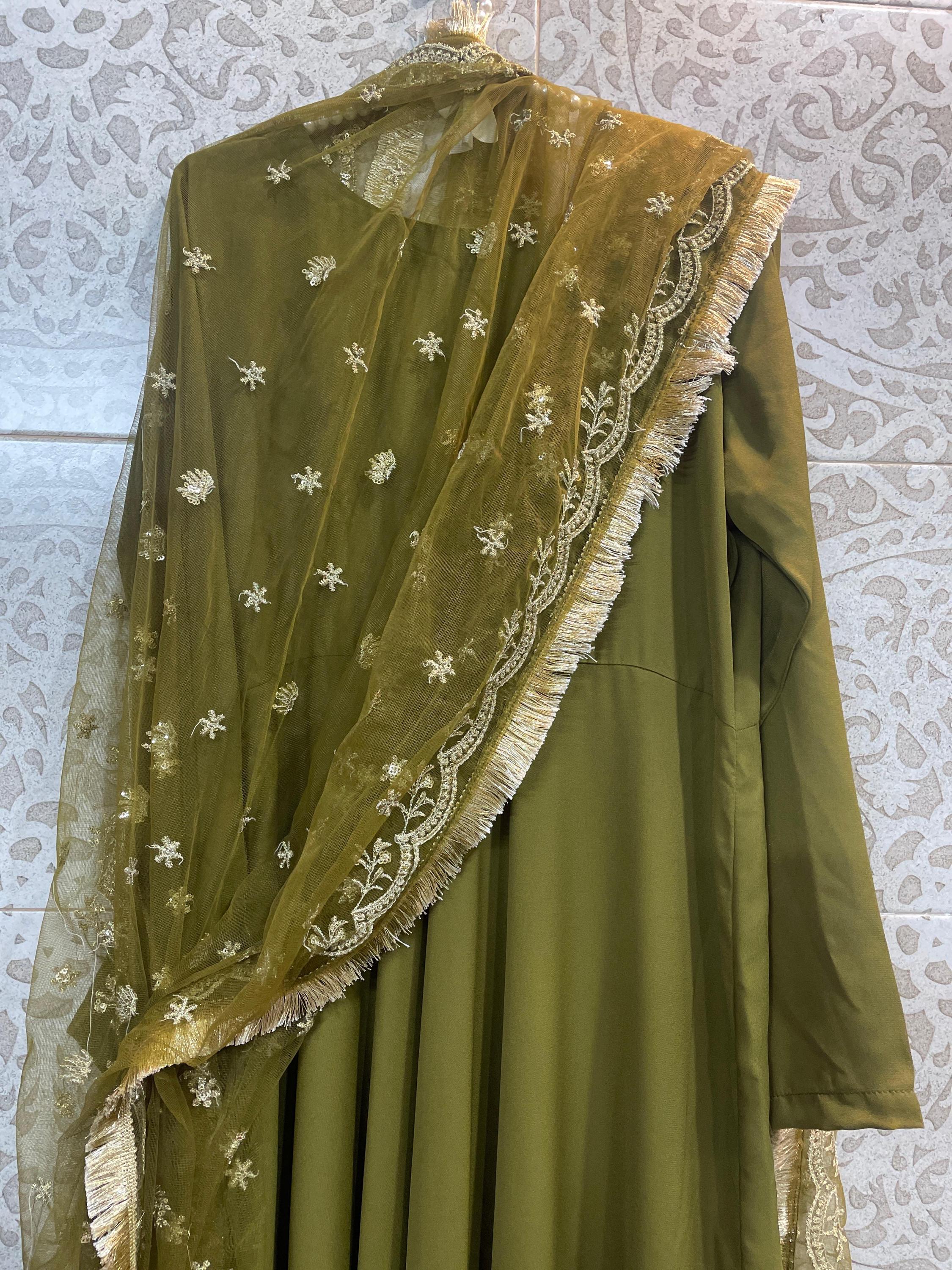 Pakistani Olive Green Angrakha-Anarkali Frock: desi asian Maxi Dress with Sequin Dupatta indian punjabi lovers