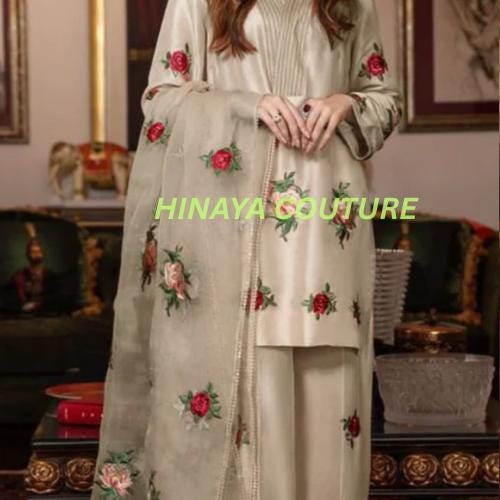 Stunning Pakistani floral Embroidered 3 Piece Suit | Premium Silk Outfit with Organza Dupatta | Eid & Wedding Party Wear-dawat gatherings