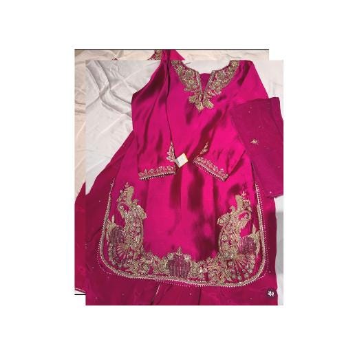 Fuchsia Pink Pakistani Farshi Shalwar Suit: Handcrafted Raw Silk, Gold Zardozi, indian desi punjabi attire,pure adda work