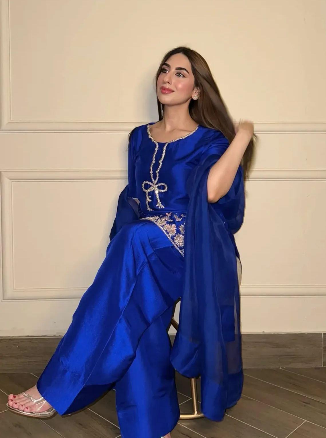 Pakistani Royal-electric Blue Handcrafted Silk Ensemble with Bow Neckline & eid Farshi Shalwar desi asian attire foruk usa europe people
