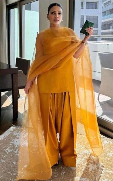 Elegant FARSHI Shalwar with Short Shirt & Organza Scalloped Dupatta,Eid Party Wear-Pakistani Formal Dress