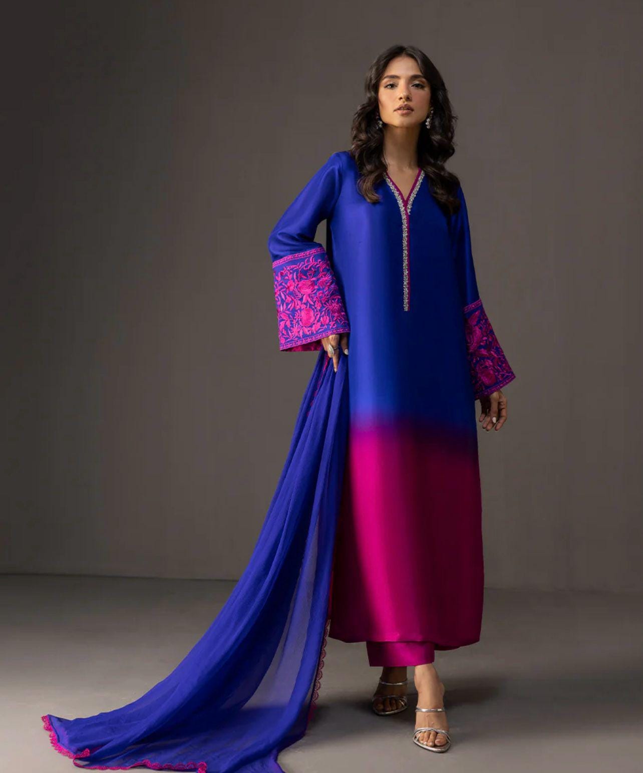 pakistani Ombre Elegance Farshi/long Suit with Embroidered Stone Neckline & Chiffon Dupatta lacing all round