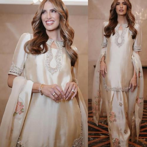 Ivory soft Sheesha Silk Pakistani Suit hand Embroidered 3-Piece Farshi shalwar n short shirt uk,usa,europe desi attire wedding style