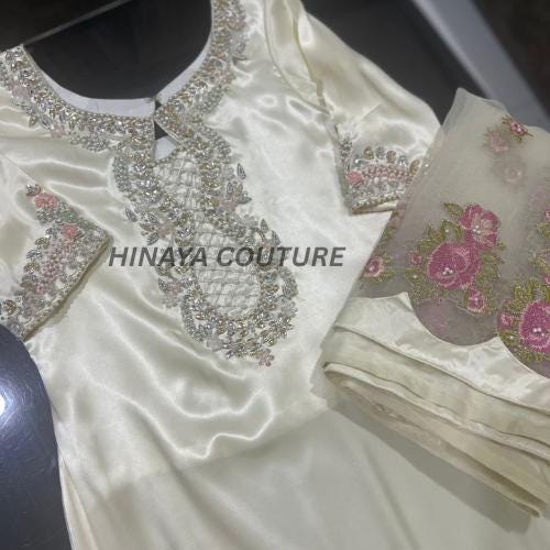 Ivory soft Sheesha Silk Pakistani Suit hand Embroidered 3-Piece Farshi shalwar n short shirt uk,usa,europe desi attire wedding style