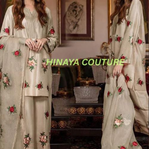 Stunning Pakistani floral Embroidered 3 Piece Suit | Premium Silk Outfit with Organza Dupatta | Eid & Wedding Party Wear-dawat gatherings