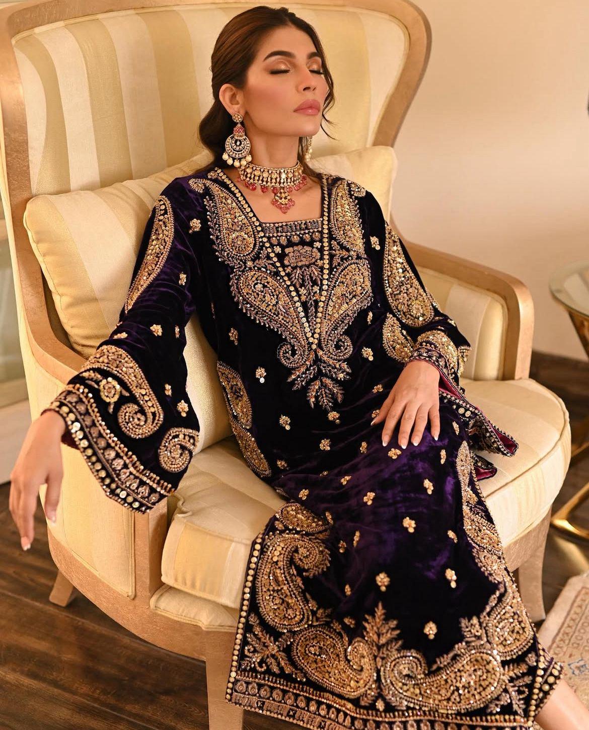 Velvet 3-Piece Set: Hand-Embroidered Zardozi work & Chiffon Dupatta silk bottoms asian pakistani attire eid milad parties