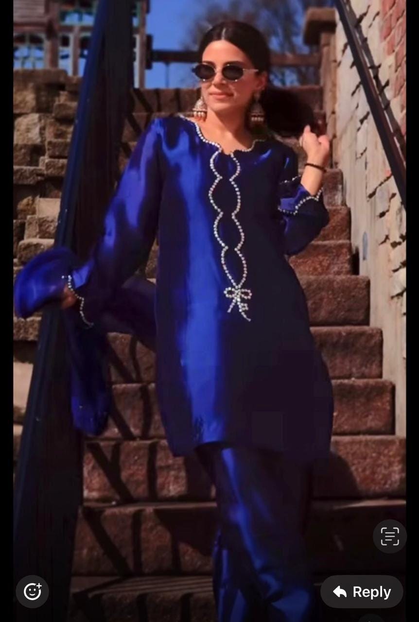 cute Mini Bow Edition – Handcrafted 3-Piece Royal/Electric Blue silk Farshi Pakistani Suit with Organza Dupatta,indian n punjabi lovers
