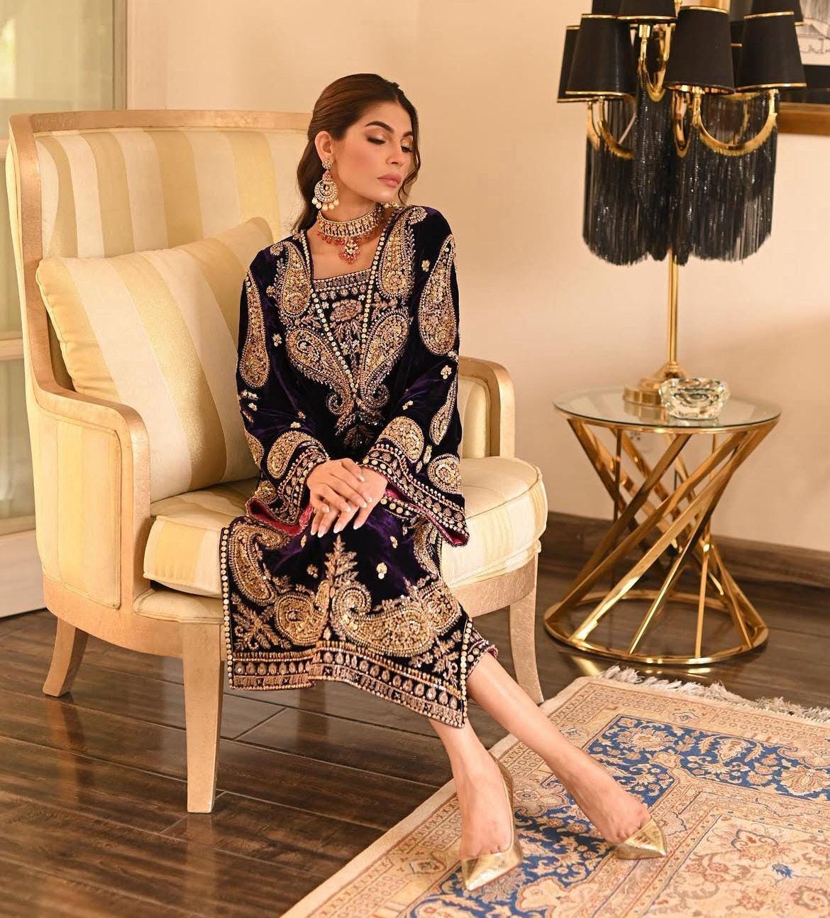 Velvet 3-Piece Set: Hand-Embroidered Zardozi work & Chiffon Dupatta silk bottoms asian pakistani attire eid milad parties