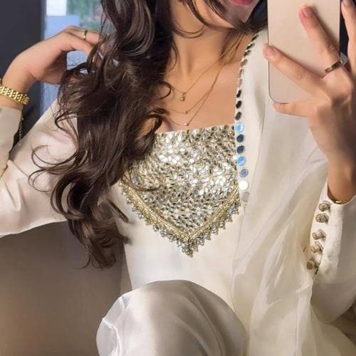 Pakistani indian Luxury FARSHI shalwar Mirror Work Dress in Shisha Silk – Ivory/White Eid & Wedding Ensemble,viral trending with laces