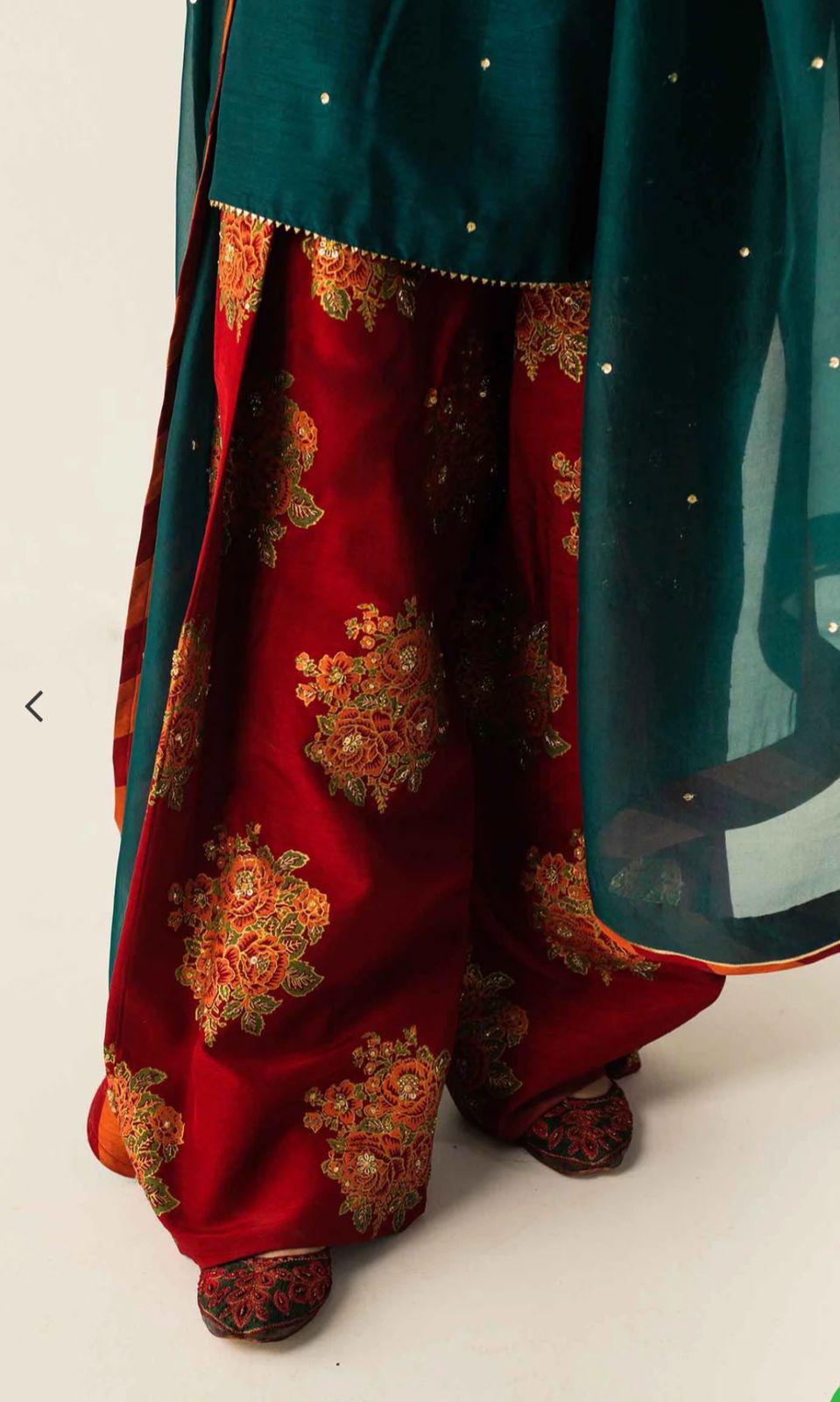 Pakistani Luxury 3-Piece Formal Wear | celebrity Inspired FARSHI Shalwar Set, stunning bloodred and emerald green classy eid n party wear