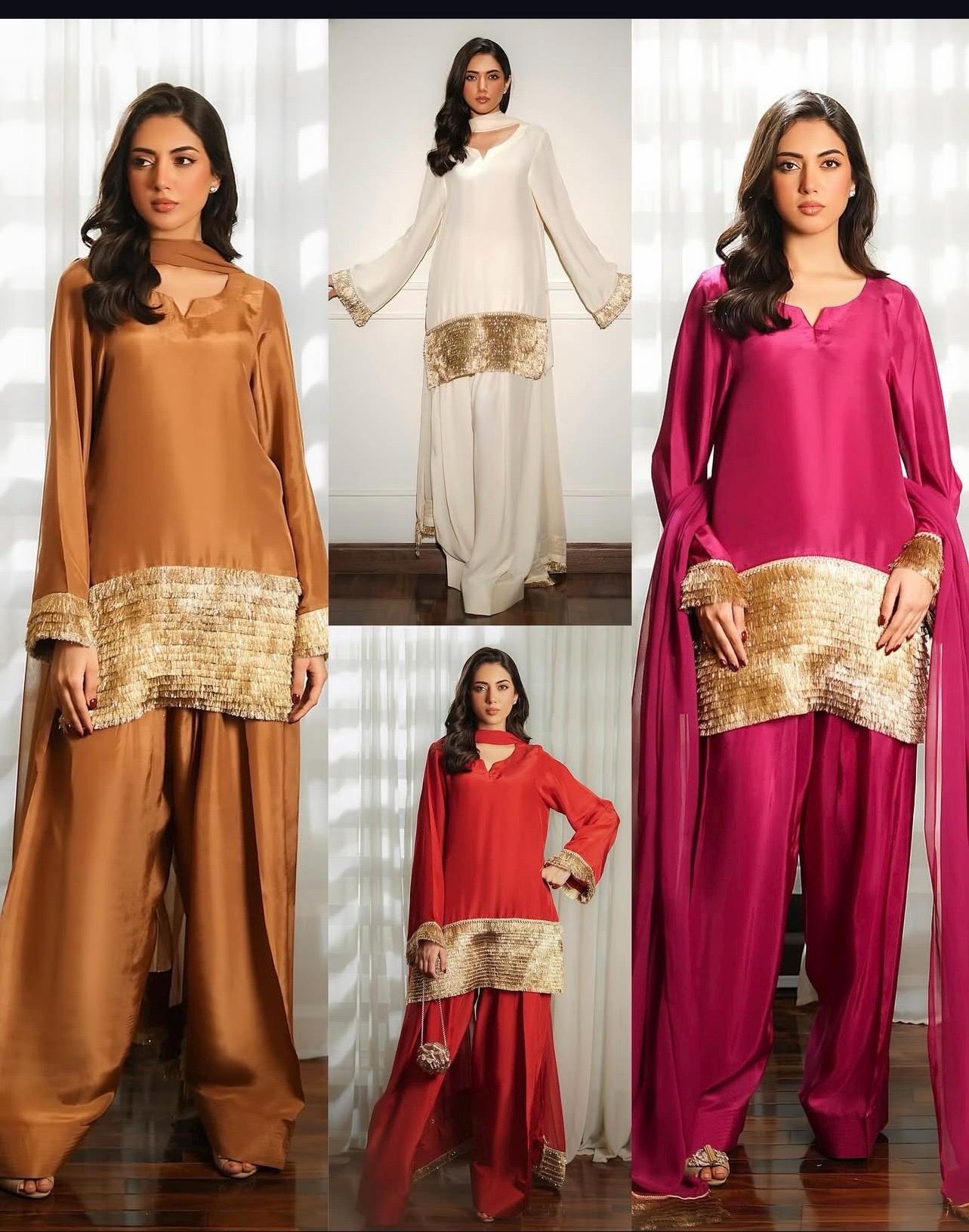Stunning Three-Piece pakistani FARSHI Shalwar kiran lace premium silk Suit asian attire punjabi indian
