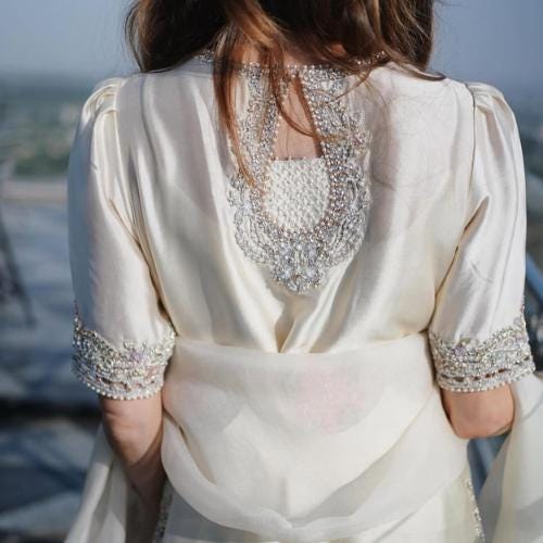 Ivory soft Sheesha Silk Pakistani Suit hand Embroidered 3-Piece Farshi shalwar n short shirt uk,usa,europe desi attire wedding style