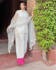 Two-Piece pakistani indian punjabi Farshi Shalwar in korean Raw Silk with Banarasi Jamawar Patch & Organza Dupatta