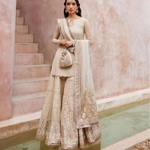 Mint Green and gold Party Wear Outfit: Embroidered Chiffon Shirt, Banarasi Garara patchwork pakistani n indian attire, nikah muslims-