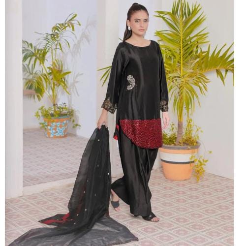 made to order Pakistani Farshi Suit: Hand-Embroidered 3-Piece Outfit red n black stunning classy eid party wear