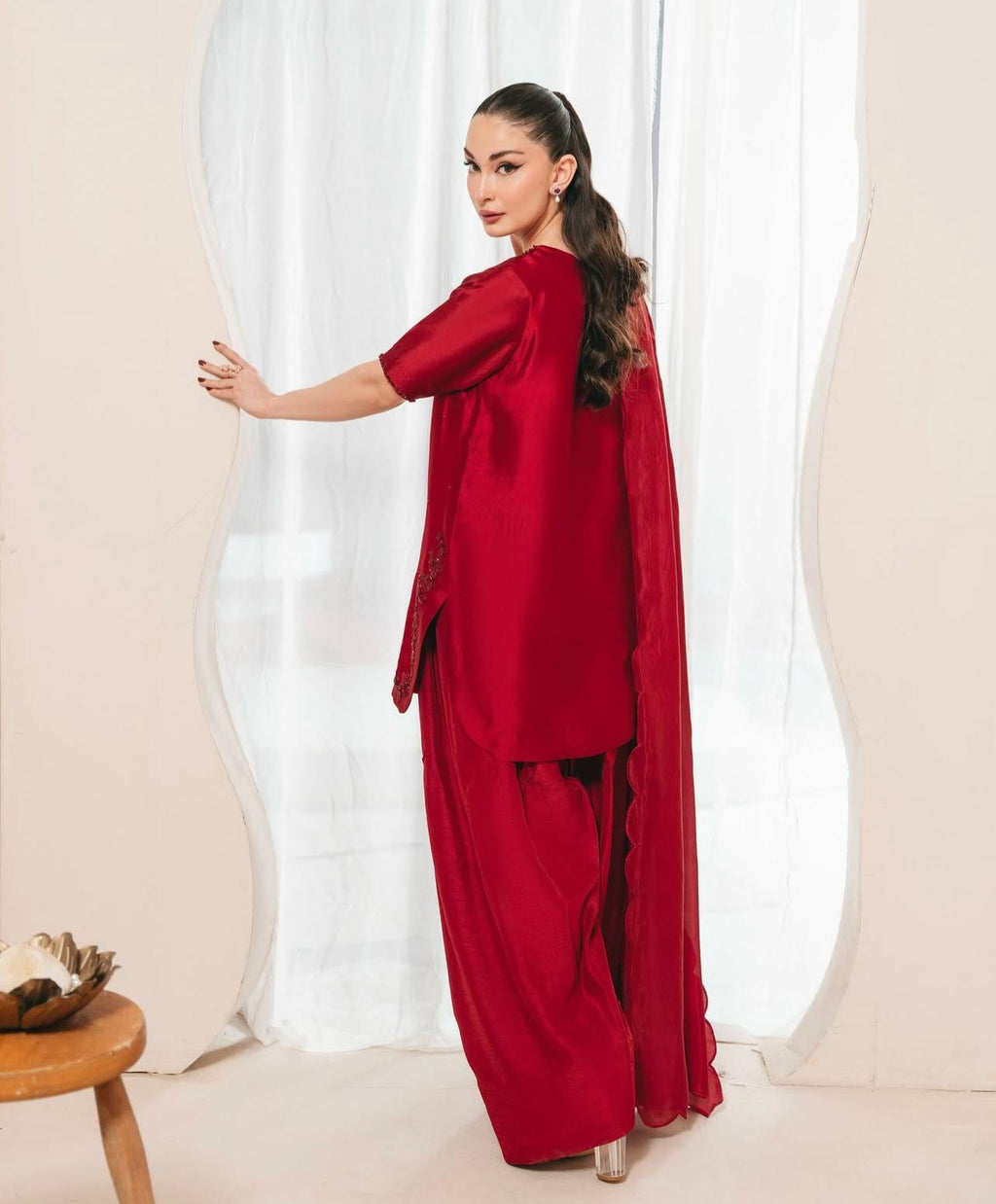 Cherry Red sheesha silk pakistani Eid Farshi Shalwar 3-Piece Outfit for UK,USA,Canada,Norway,Europe,Germany desi attire with silk dupatta