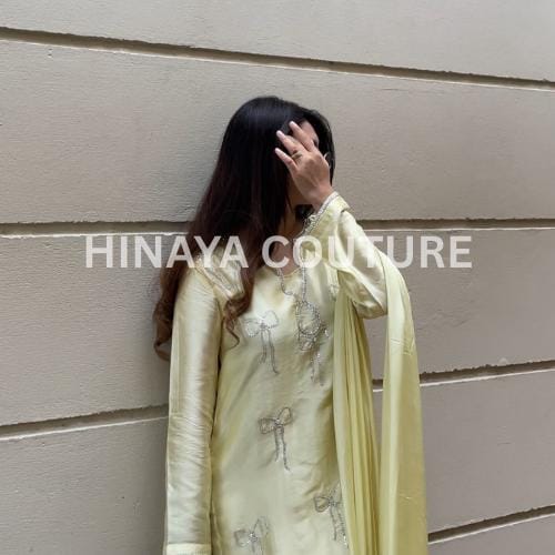 butter Yellow Bow Silk Pakistani 3-Piece Outfit: Rhinestone Detail Farshi short shirt,Eid party wear ethnic style desi indian attire