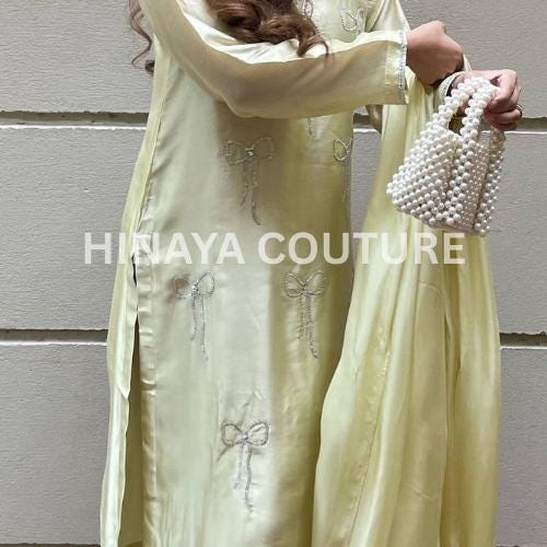 butter Yellow Bow Silk Pakistani 3-Piece Outfit: Rhinestone Detail Farshi short shirt,Eid party wear ethnic style desi indian attire