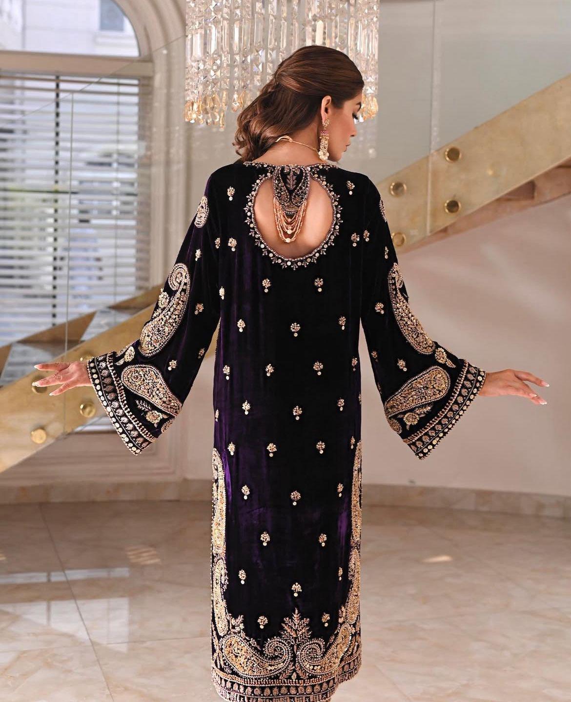Velvet 3-Piece Set: Hand-Embroidered Zardozi work & Chiffon Dupatta silk bottoms asian pakistani attire eid milad parties