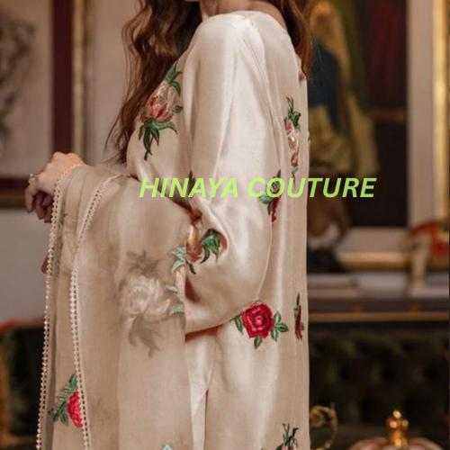 Stunning Pakistani floral Embroidered 3 Piece Suit | Premium Silk Outfit with Organza Dupatta | Eid & Wedding Party Wear-dawat gatherings