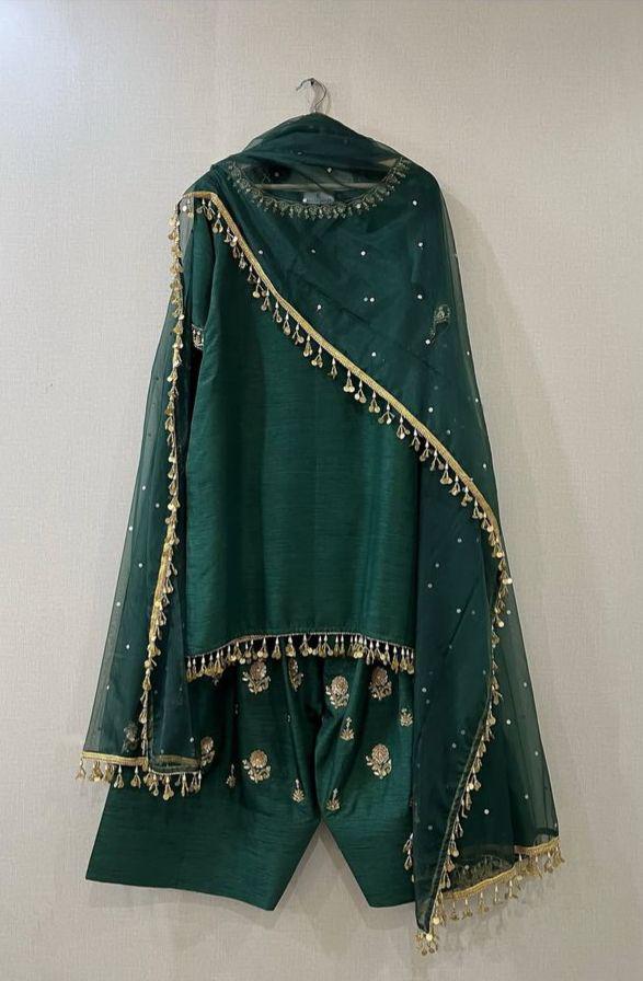 Embroidered Silk Farshi Shalwar Kameez with laces n nice tassels Bottle Green Pakistani Outfit,UK fashion-desi attire,usa parties